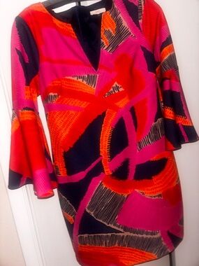 Trina Turk Pink, Red & Orange Abstract Bell-Sleeve Mini Dress